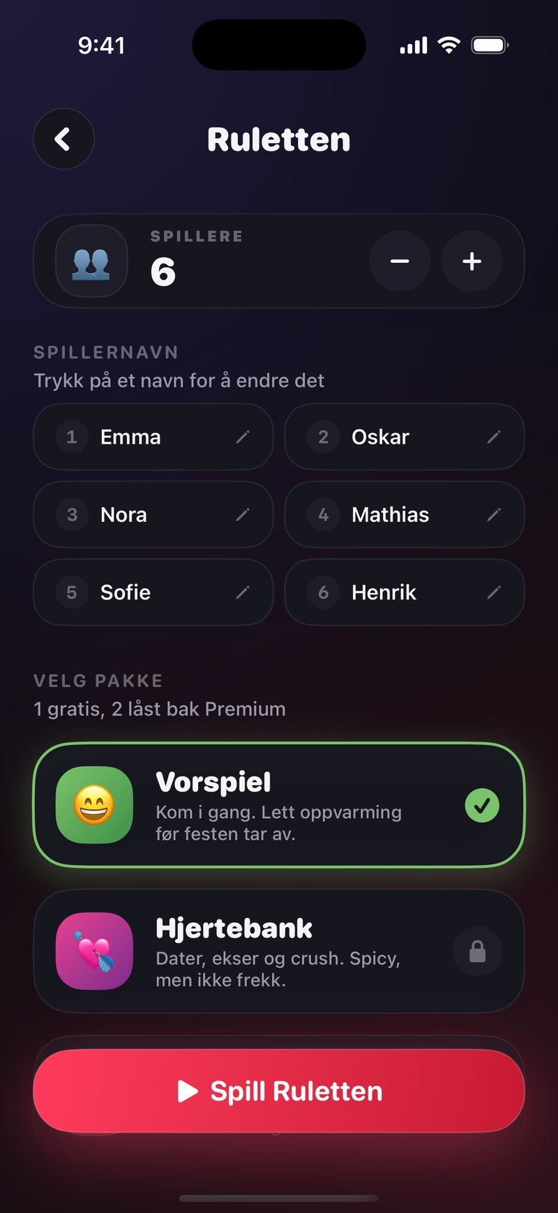 Oppsettskjermen til Ruletten i Dronk: telleren SPILLERE på 6, navnene Emma, Oskar, Nora, Mathias, Sofie og Henrik under SPILLERNAVN, pakkene Vorspiel og Hjertebank under VELG PAKKE, og den røde knappen Spill Ruletten nederst