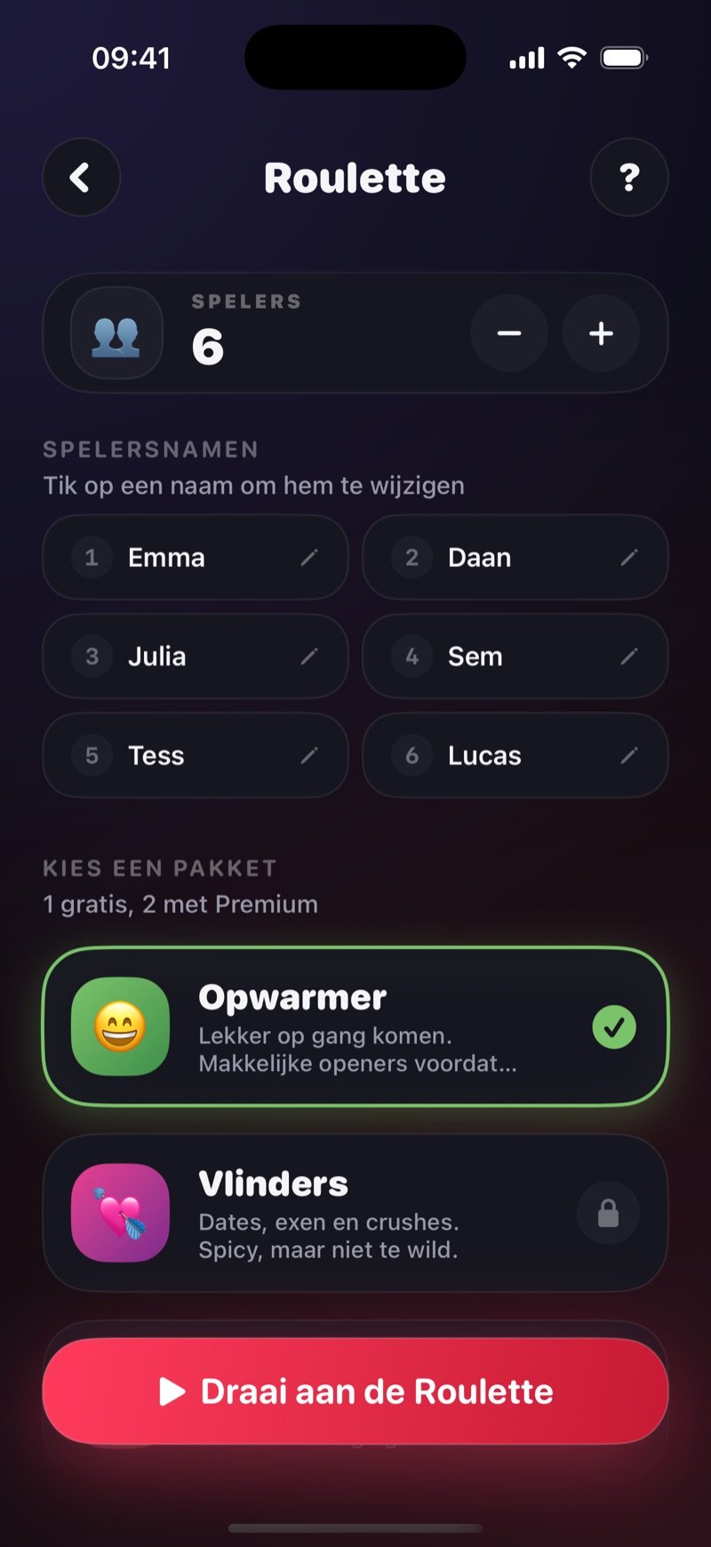 Setup van Roulette in Dronk: zes spelers met namen, het pakket Warmup aangevinkt en een Spin the Roulette-knop