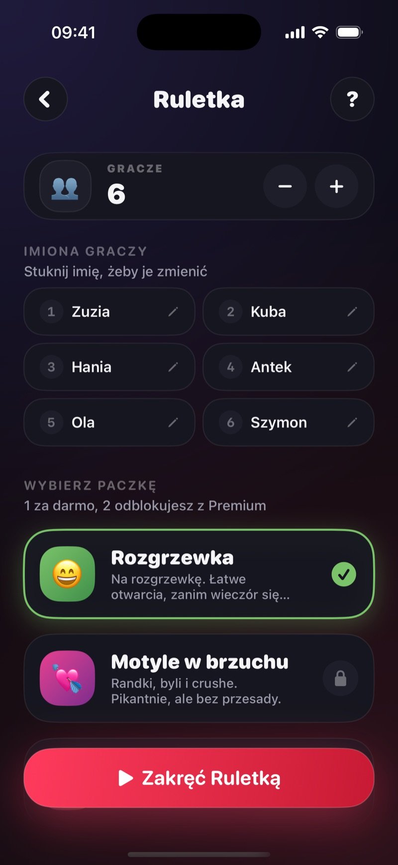 Ustawienia Ruletki w Dronk: sześciu graczy z imionami, zaznaczona paczka Warmup i przycisk Spin the Roulette