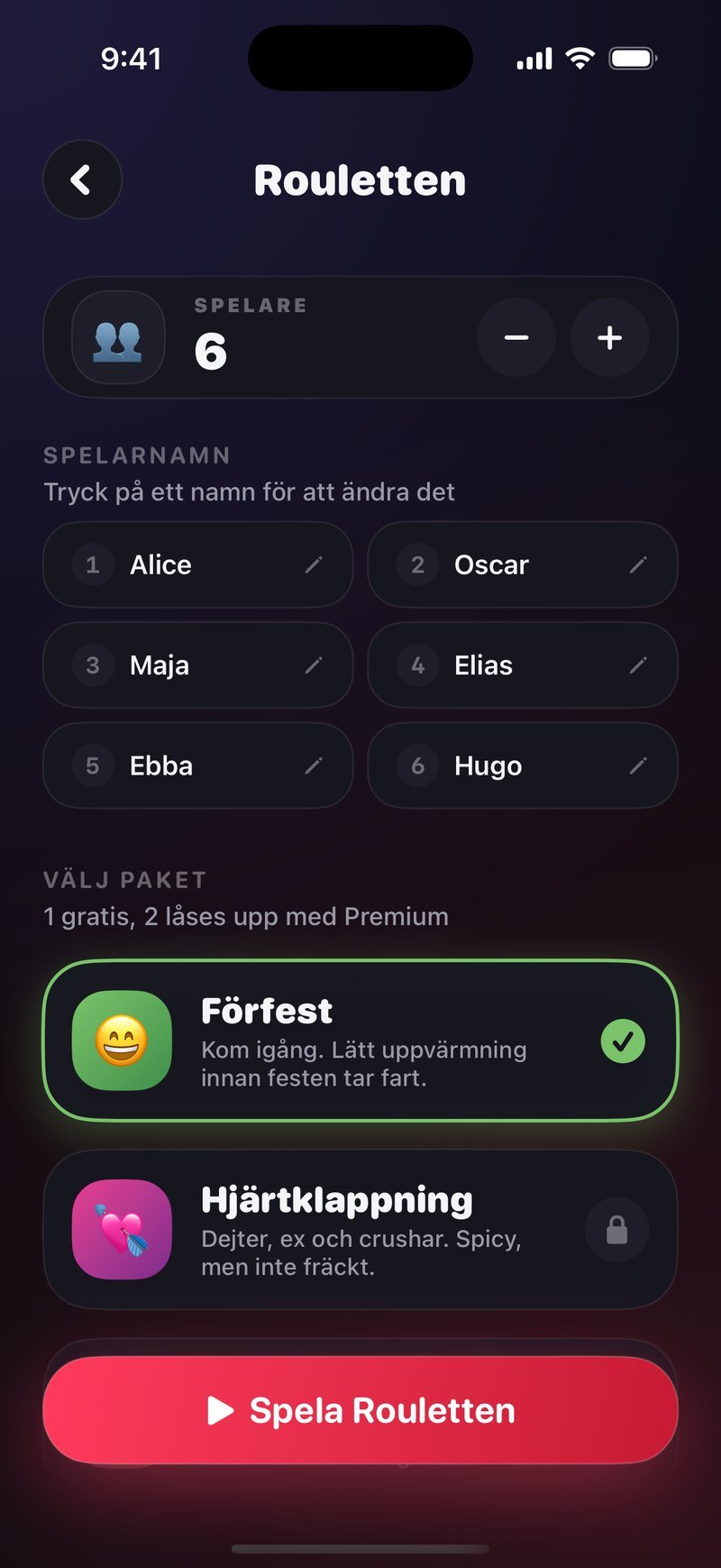 Inställningen i Rouletten: 6 spelare med namnen Alice, Oscar, Maja, Elias, Ebba och Hugo, rubriken Välj paket med Förfest valt och Hjärtklappning under, samt knappen Spela Rouletten