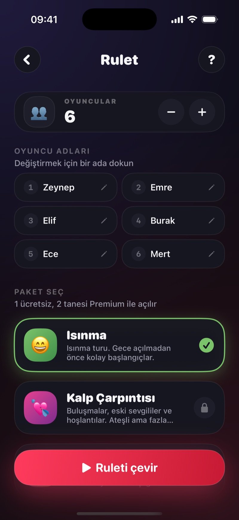 Dronk'ta Rulet kurulumu: isimleriyle oyuncular, seçili paket ve Ruleti çevir düğmesi