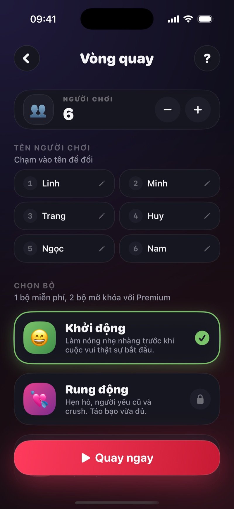 Màn hình thiết lập Vòng quay trong Dronk: danh sách người chơi, bộ thẻ đã chọn và nút Quay ngay