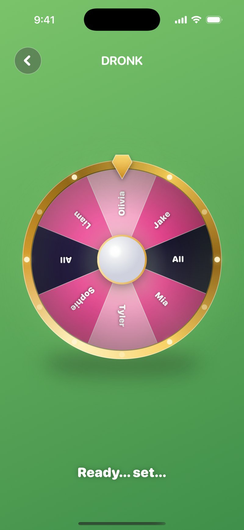La roue de la Roulette dans Dronk juste avant de tourner, avec le prénom de chaque joueur et un segment noir All