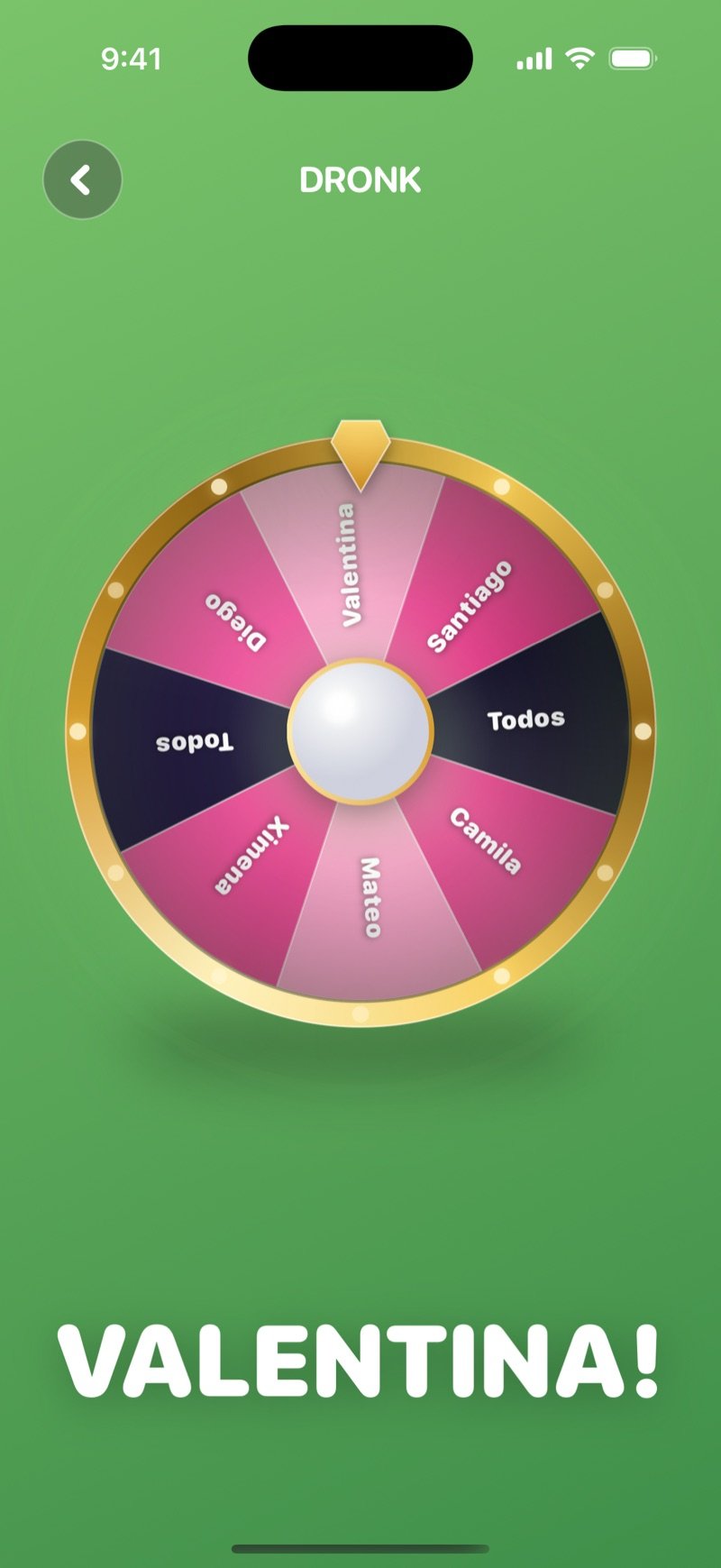 La Ruleta en la app Dronk: la ruleta girando para elegir a un jugador
