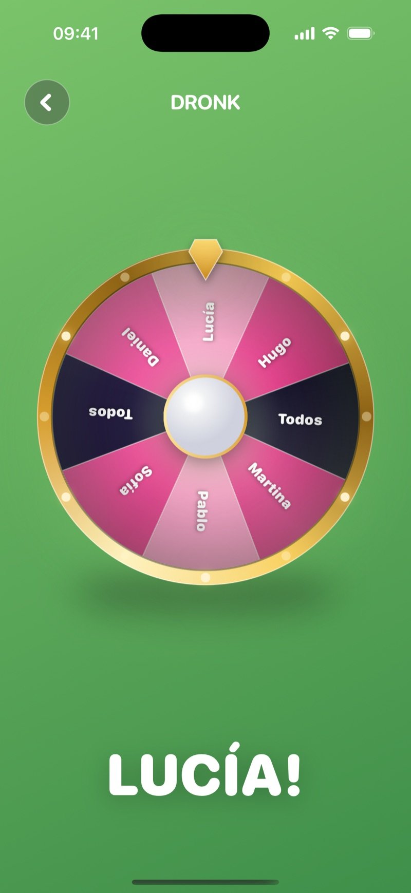 La ruleta de La Ruleta en Dronk justo antes de girar, con el nombre de cada jugador y un segmento negro All (captura de la versión en inglés)
