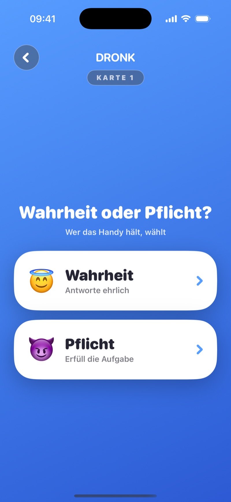 Wahrheit oder Pflicht in der Dronk App: der Auswahl-Bildschirm mit einem Truth-Button und einem Dare-Button