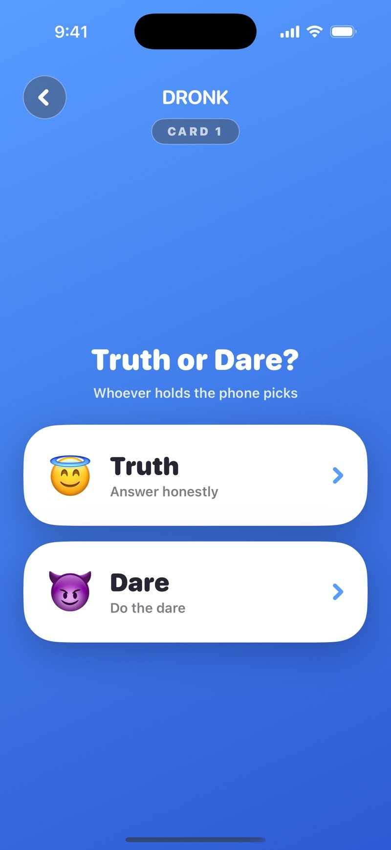 Dronkアプリの真実か挑戦か：TruthボタンとDareボタンのある選択画面