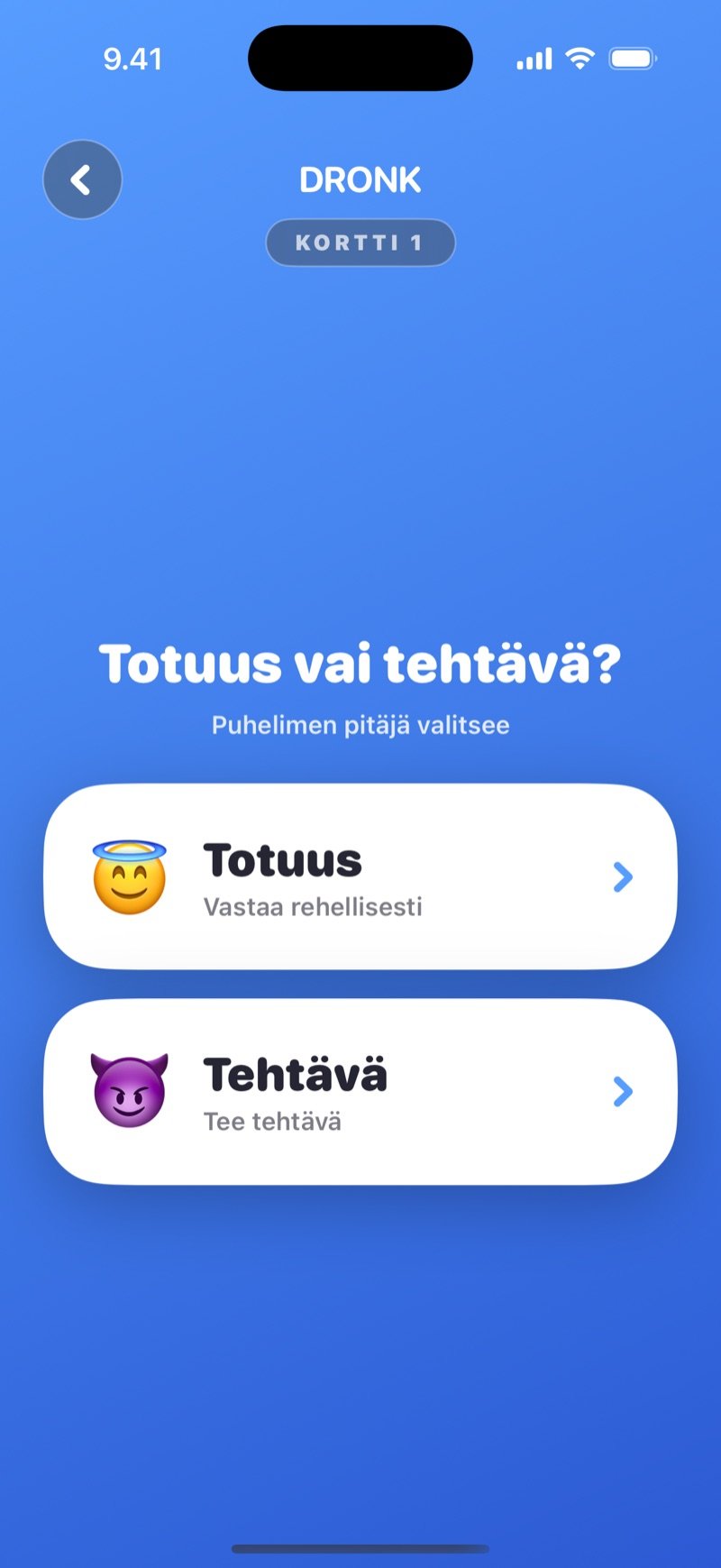 Totuus vai tehtävä Dronk-sovelluksessa: valintanäkymä, jossa on Totuus- ja Tehtävä-painikkeet