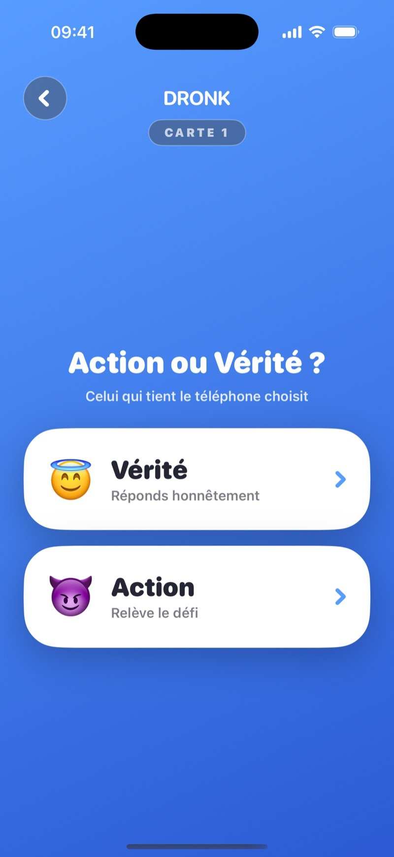 Action ou Vérité dans l'app Dronk : l'écran de choix avec un bouton Truth et un bouton Dare (capture de la version anglaise)