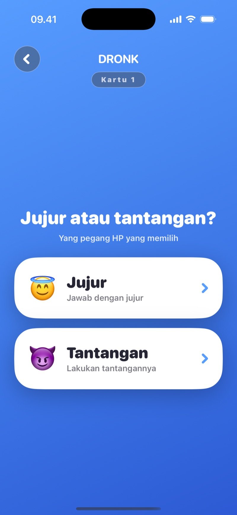 Truth or Dare di app Dronk: layar pilihan dengan tombol Jujur dan tombol Tantangan