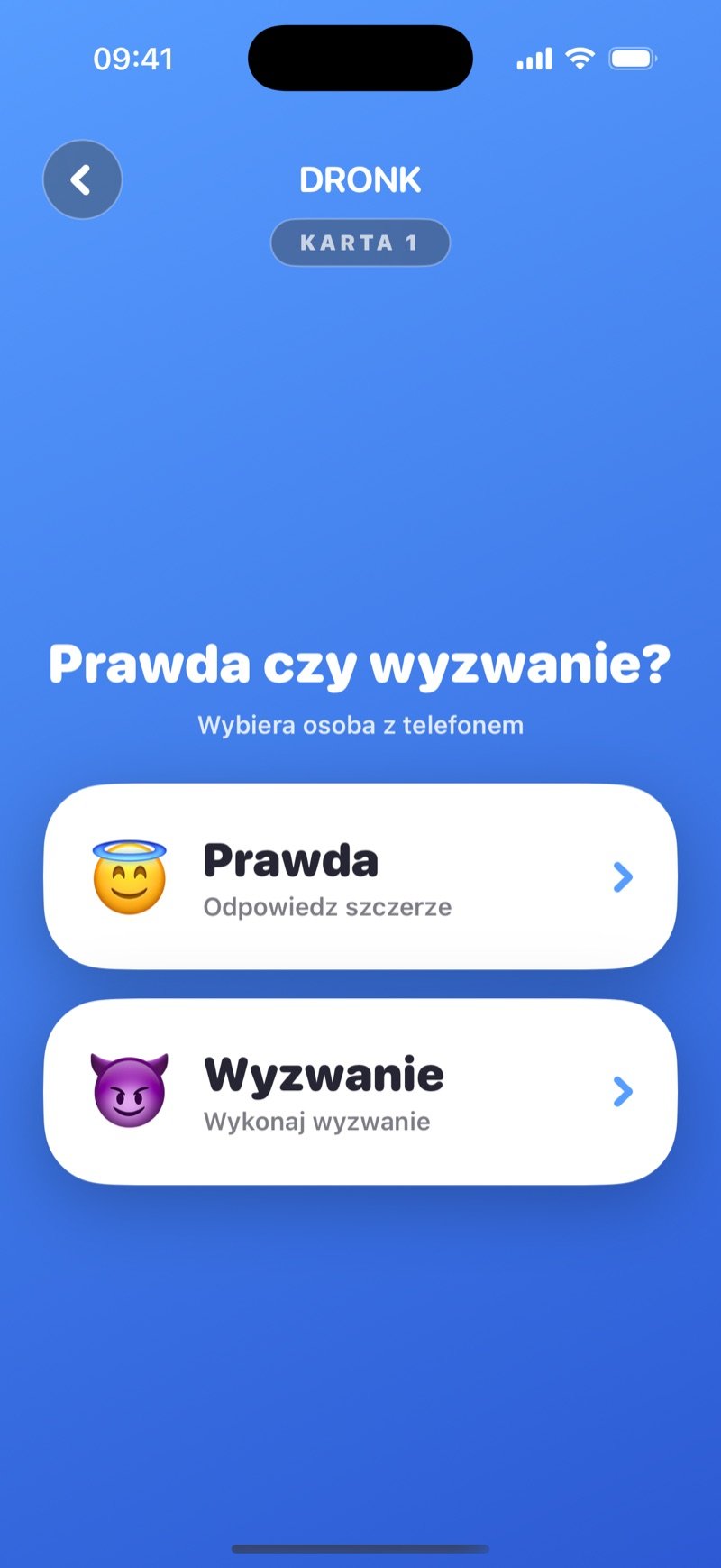 Prawda czy wyzwanie w apce Dronk: ekran wyboru z przyciskiem Truth i przyciskiem Dare (zrzut z wersji angielskiej)