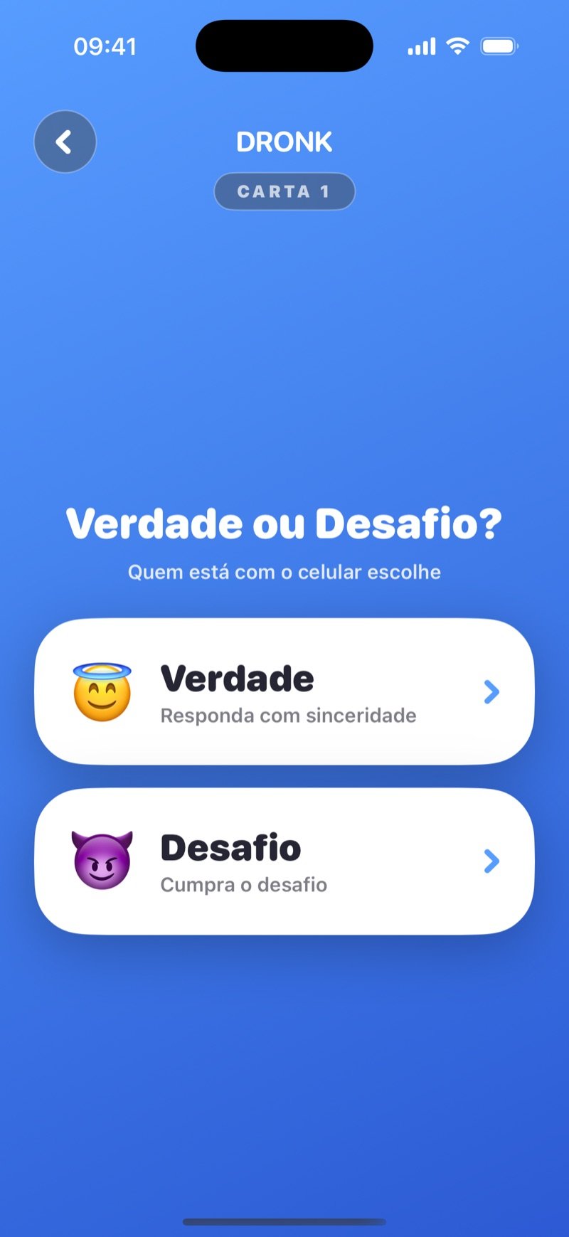 Verdade ou Desafio no app Dronk: a tela de escolha com um botão Truth e um botão Dare (captura da versão em inglês)