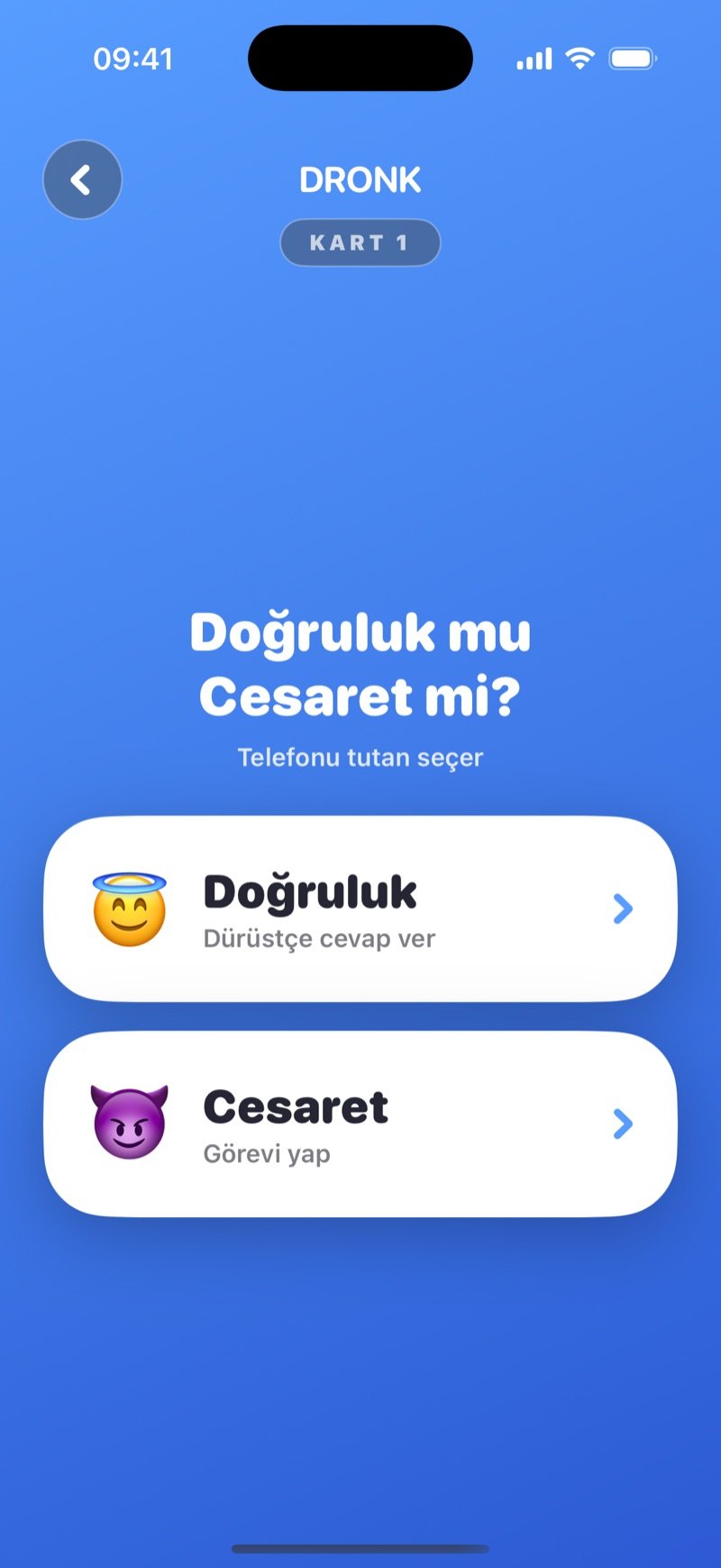 Dronk uygulamasında Doğruluk mu Cesaret mi: Doğruluk ve Cesaret düğmelerinin olduğu seçim ekranı
