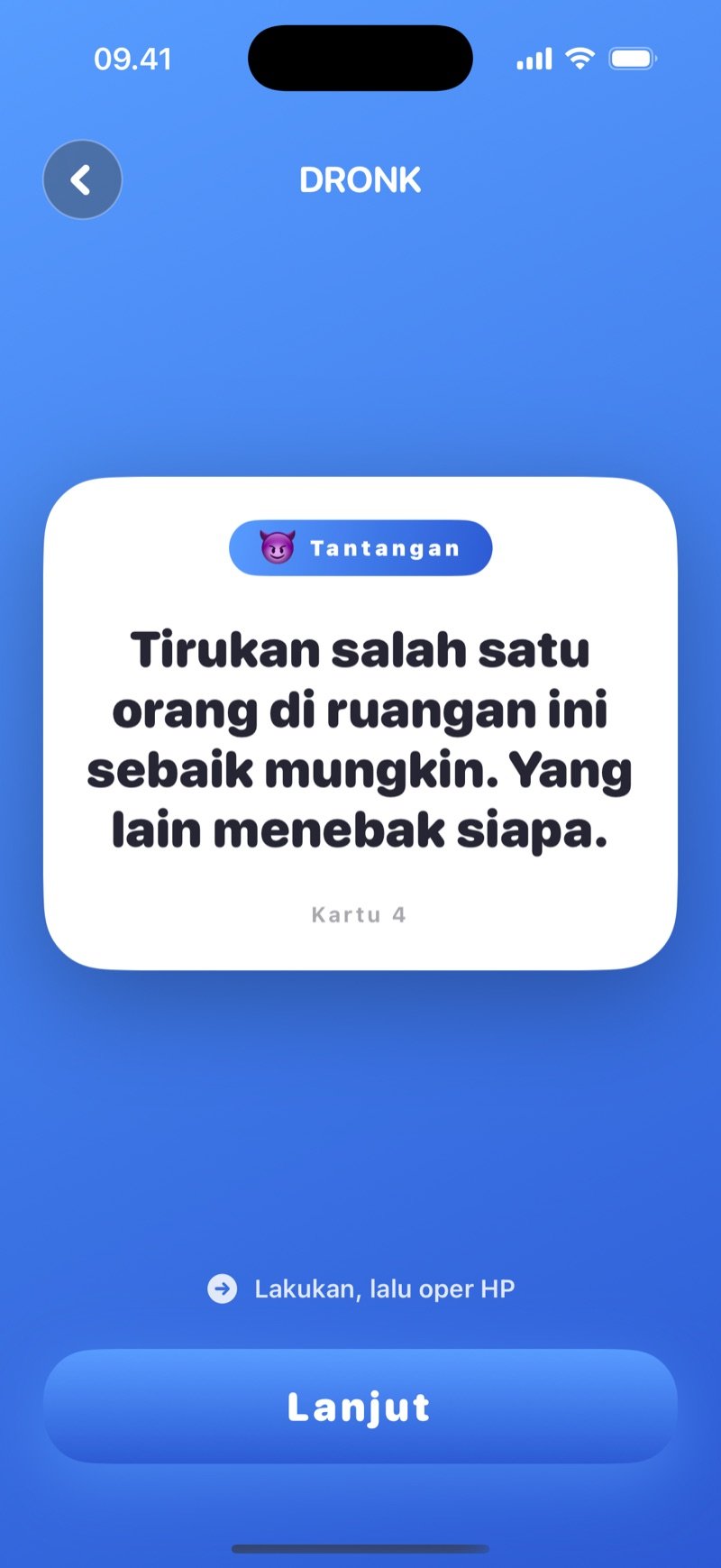 Kartu dare di Dronk: tantangan di layar dengan tombol Lanjut
