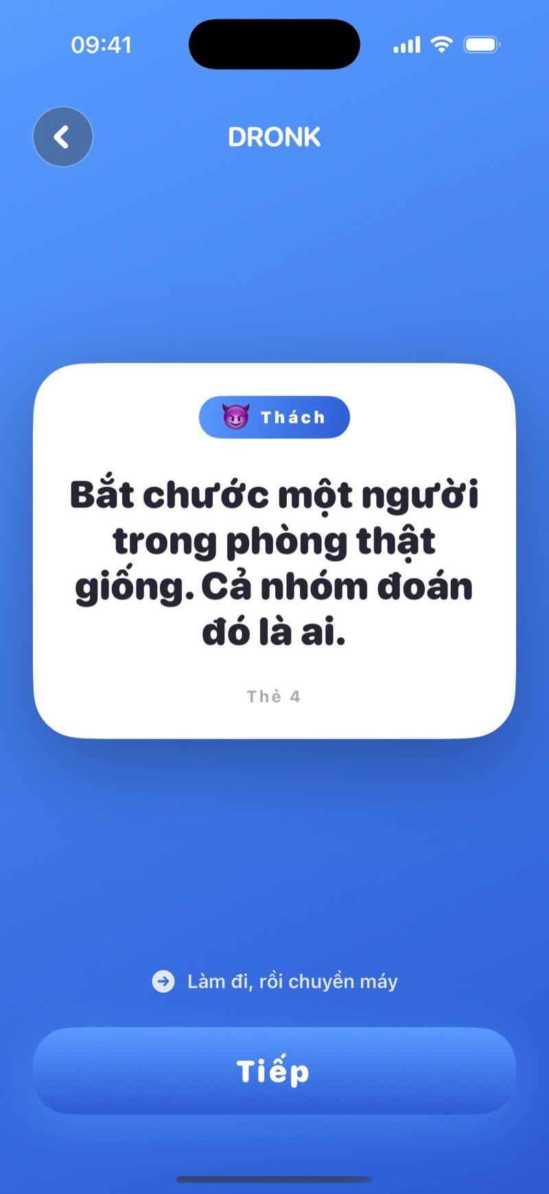 Thẻ thử thách trong Dronk: một thử thách từ bộ đang chơi và nút Tiếp