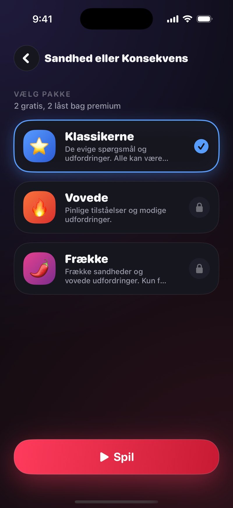 Pakkevælgeren i Sandhed eller Konsekvens med overskriften VÆLG PAKKE og de tre pakker Klassikerne, Vovede og Frække med hver sin beskrivelse, Klassikerne er markeret, og nederst en rød Spil-knap