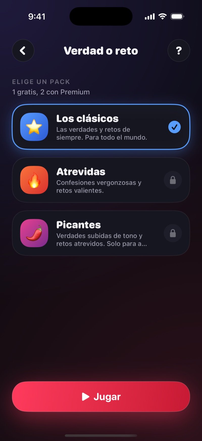 Selector de packs de Verdad o reto en Dronk: Los clásicos, Atrevidas y Picantes, y el botón Jugar