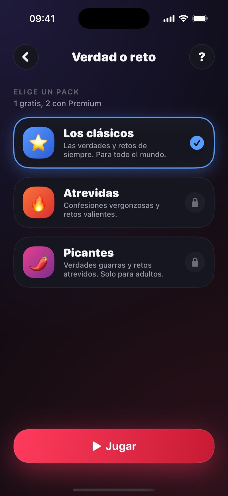 Selector de packs de verdad o reto en Dronk: The Classics marcado, Daring y Spicy con candado, y un botón Play (captura de la versión en inglés)