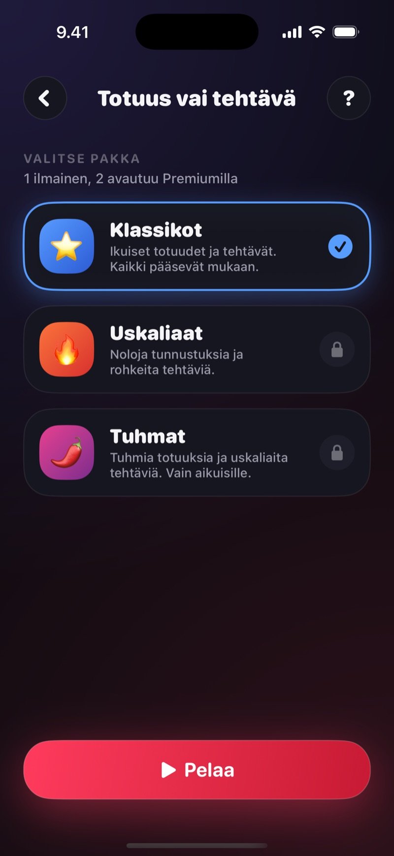 Totuus vai tehtävä -pelin pakkavalikko Dronkissa: Klassikot, Uskaliaat ja Tuhmat sekä Pelaa-painike