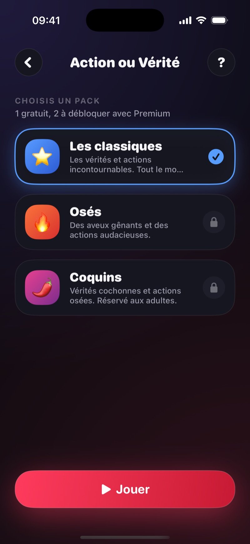 Choix du pack d'action ou vérité dans Dronk : The Classics coché, Daring et Spicy verrouillés, et un bouton Play (capture de la version anglaise)