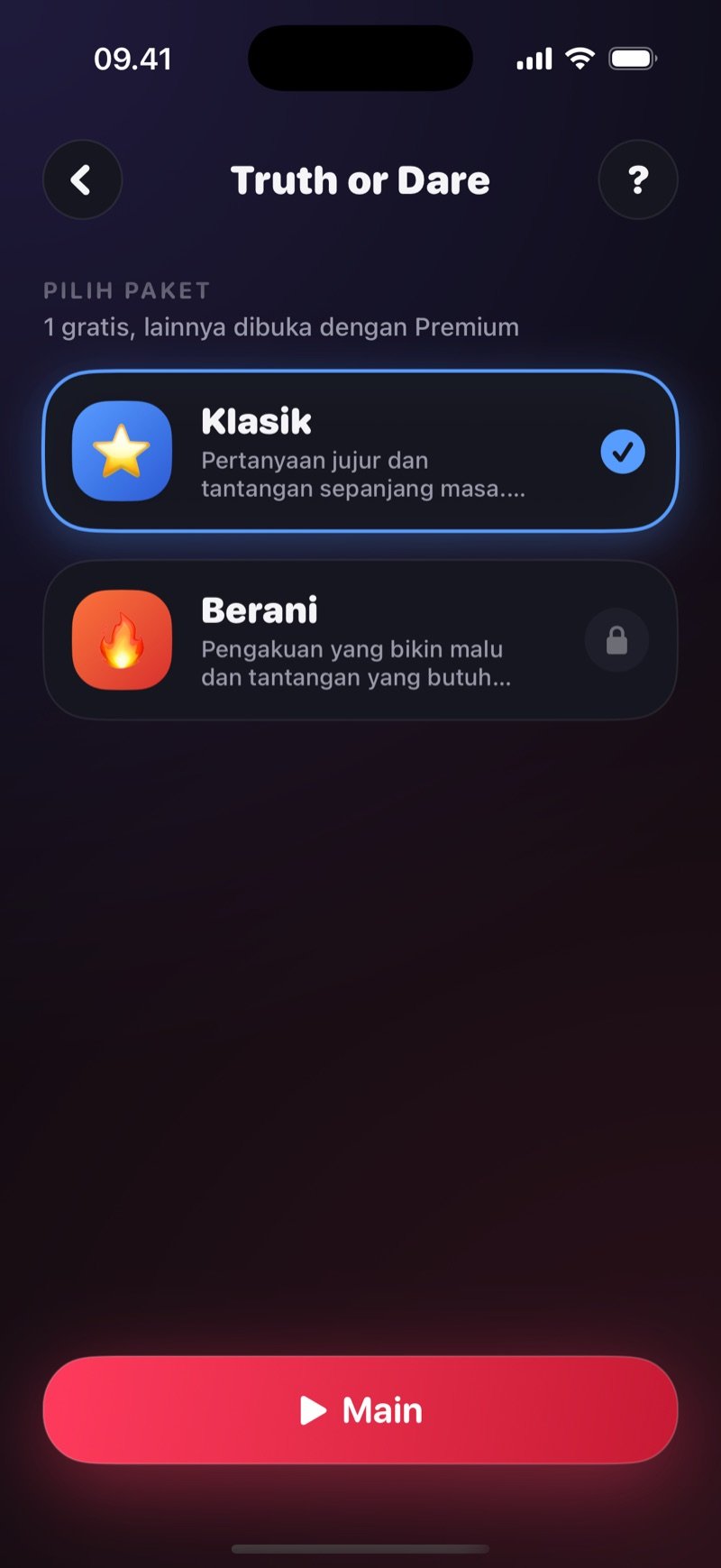Pilihan paket Truth or Dare di Dronk: paket Klasik tercentang, paket Berani di bawahnya, dan tombol Main