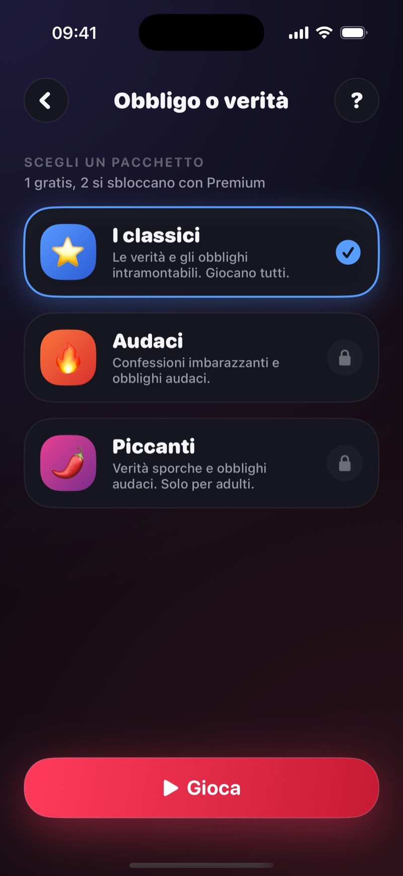 Selezione dei pacchetti di Obbligo o verità in Dronk: The Classics selezionato, Daring e Spicy con il lucchetto, e il pulsante Play (screenshot della versione inglese)