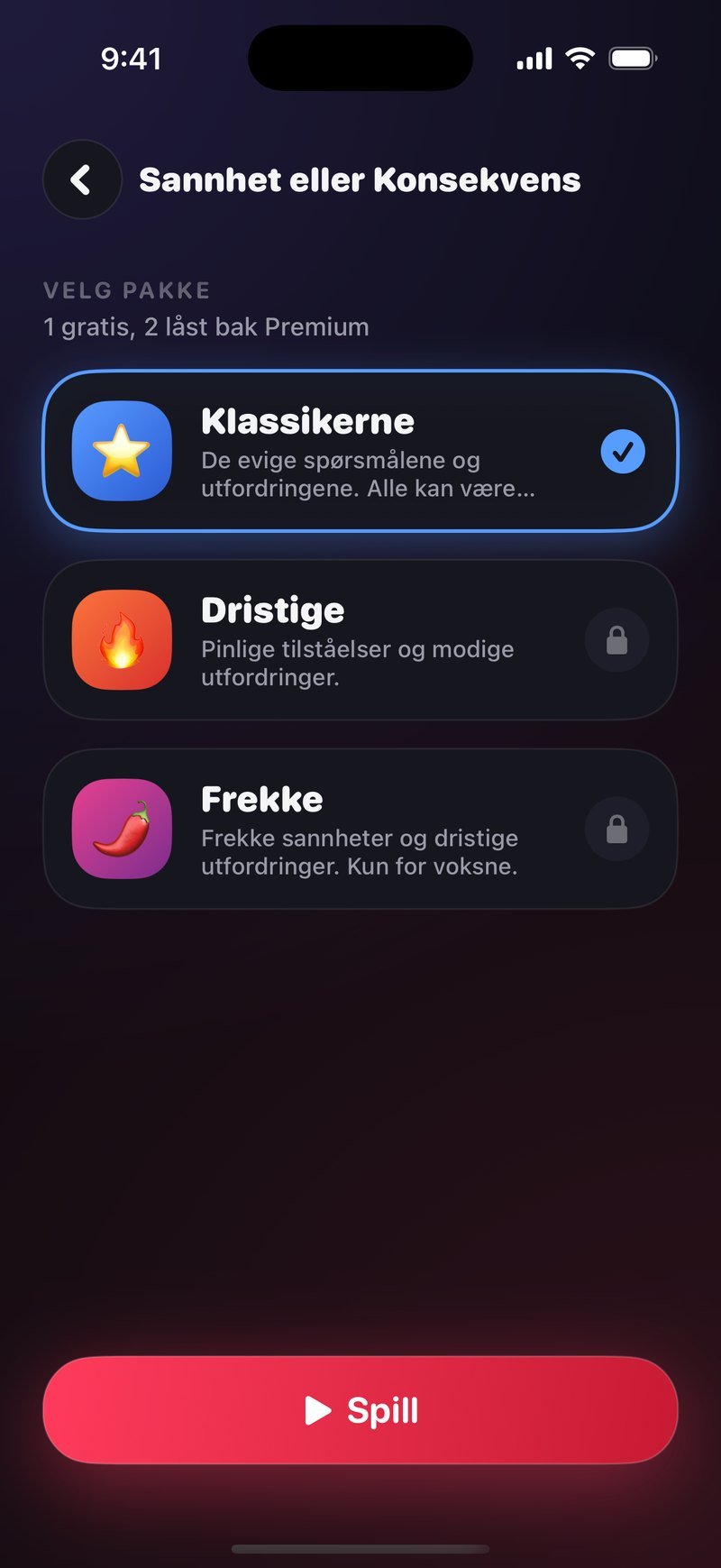 Pakkevelgeren i Sannhet eller Konsekvens i Dronk med overskriften VELG PAKKE og de tre pakkene Klassikerne med stjerneikon, Dristige med flammeikon og Frekke med chiliikon, og den røde Spill-knappen nederst