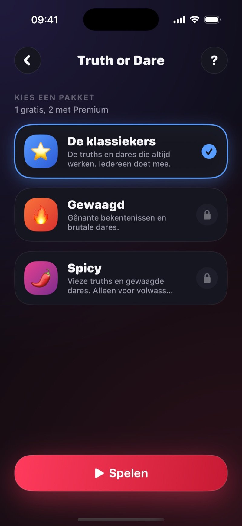Pack-keuze van Truth or Dare in Dronk: The Classics aangevinkt, Daring en Spicy met een slotje, en een Play-knop (screenshot van de Engelse versie)
