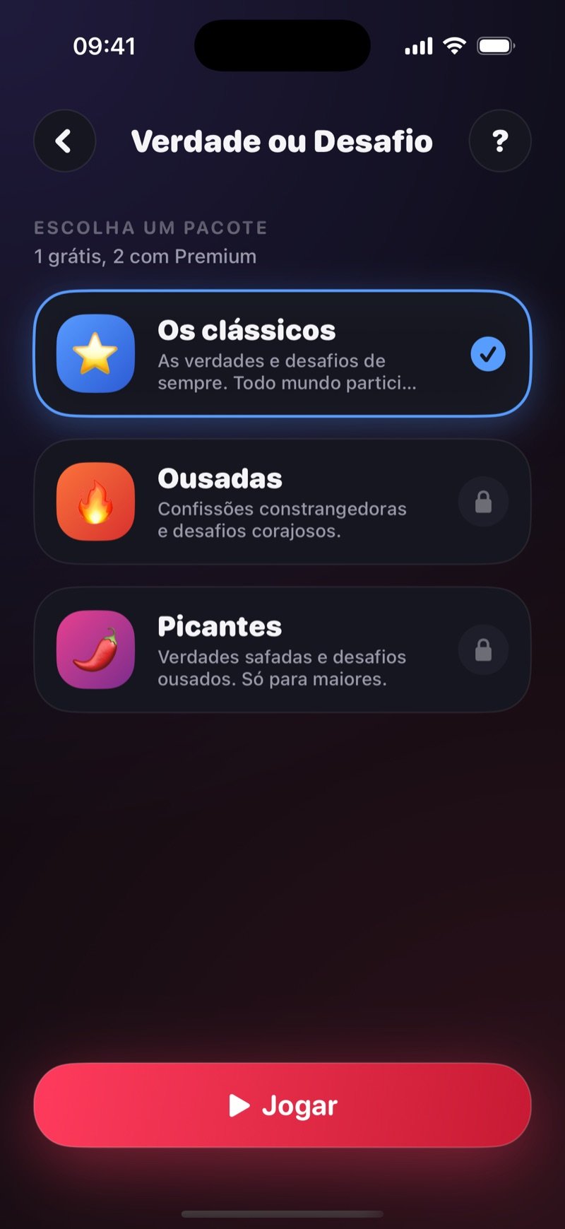 Seletor de pacotes de Verdade ou Desafio no Dronk: The Classics marcado, Daring e Spicy com cadeado, e um botão Play (captura da versão em inglês)