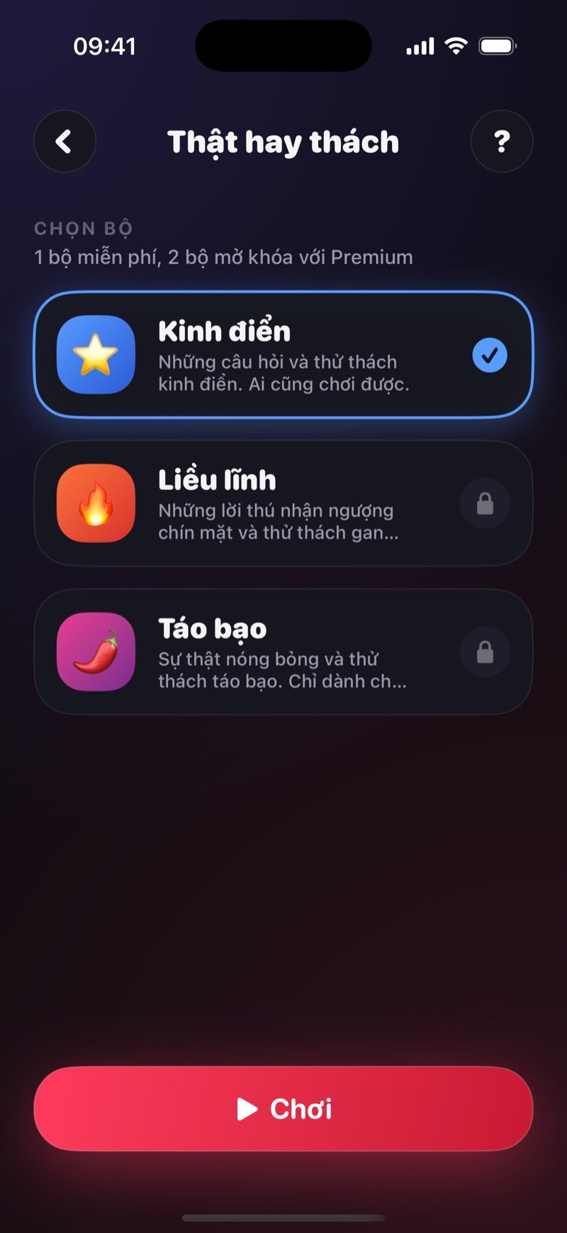 Màn hình chọn bộ của Thật hay thách trong Dronk: các bộ Kinh điển, Liều lĩnh, Táo bạo và nút Chơi