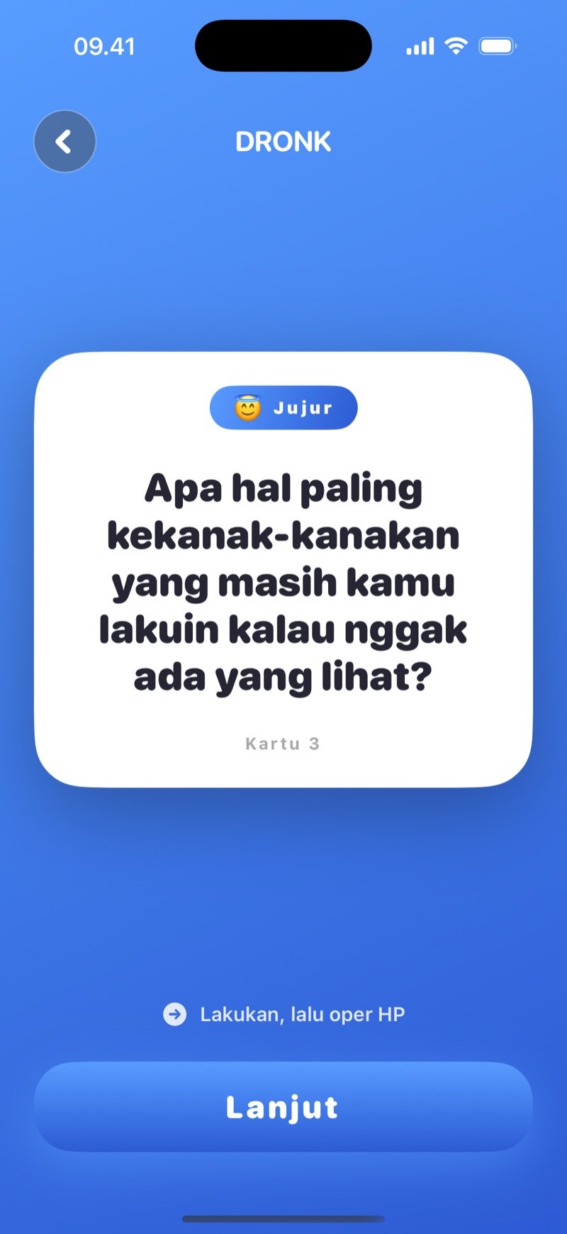 Kartu truth di Dronk: pertanyaan jujur di layar dengan tombol Lanjut
