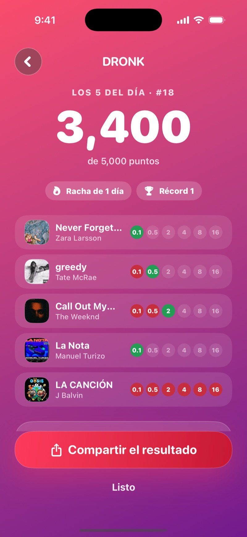 El resultado de Los 5 del día en Un Segundo: el número del día, los puntos sobre 5,000, la racha, una cuenta regresiva para las canciones nuevas, las cinco canciones con portadas y pasos, y una tarjeta de Los 5 del día con amigos
