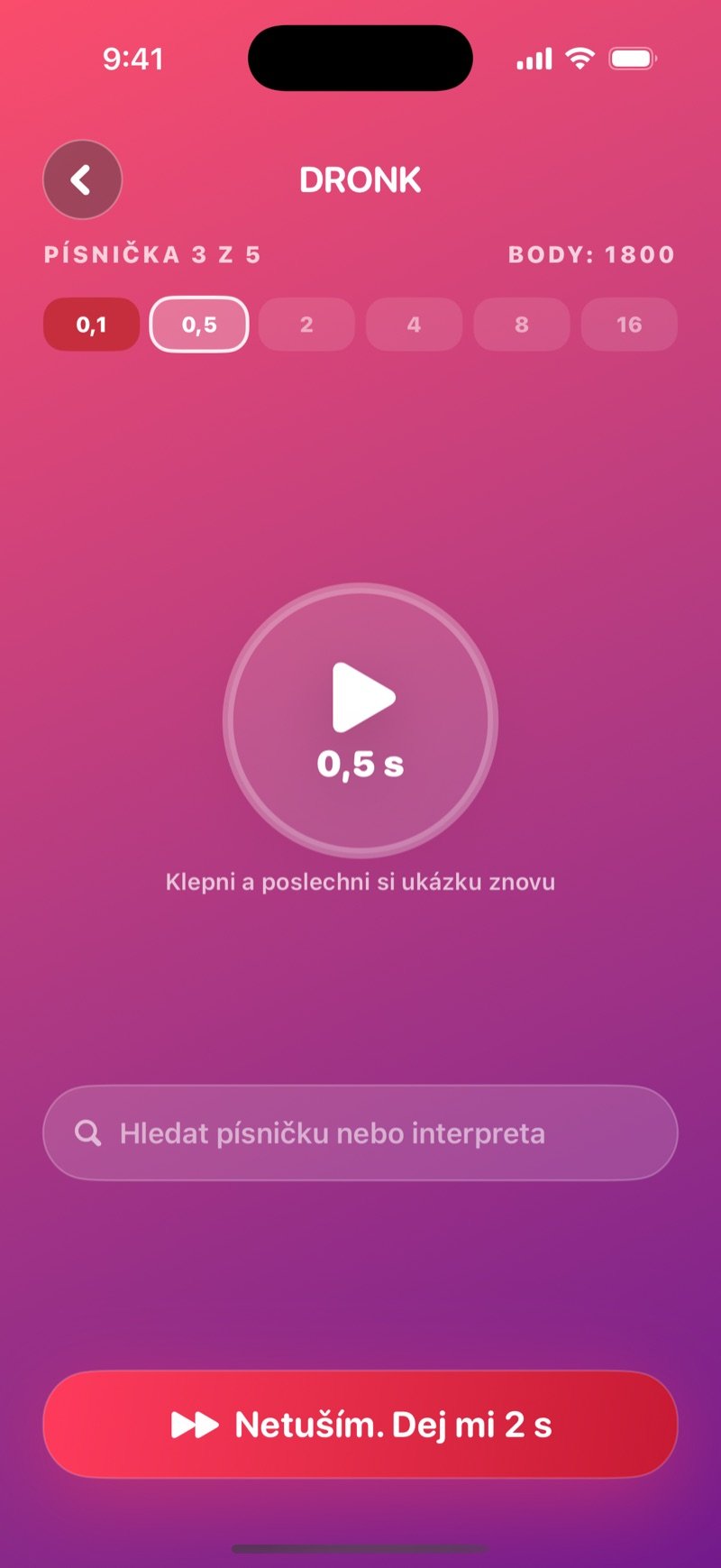 Hádání v Jedné sekundě: písnička 3 z 5, velké tlačítko play, šest teček s kroky, první označená jako omyl a druhá aktivní na 0,5 sekundy, a pole pro hledání názvu nebo interpreta
