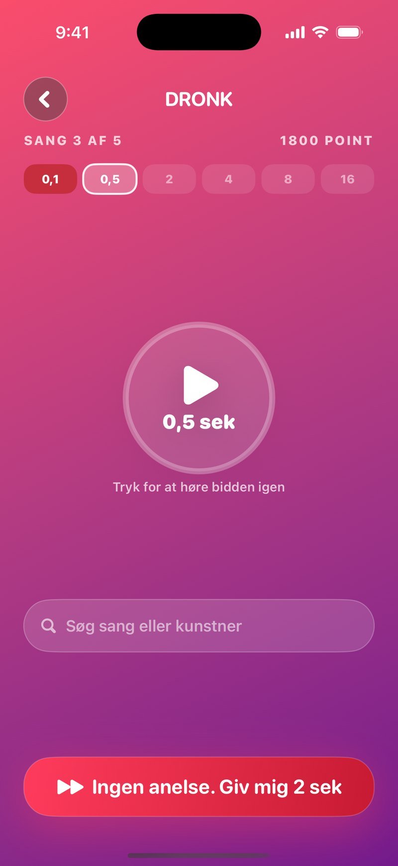 Gæt i Sekundet: Sang 3 af 5, en stor afspilknap, seks trinprikker hvor den første er markeret forkert og den anden er aktiv ved 0,5 sekund, og et søgefelt til titel eller kunstner