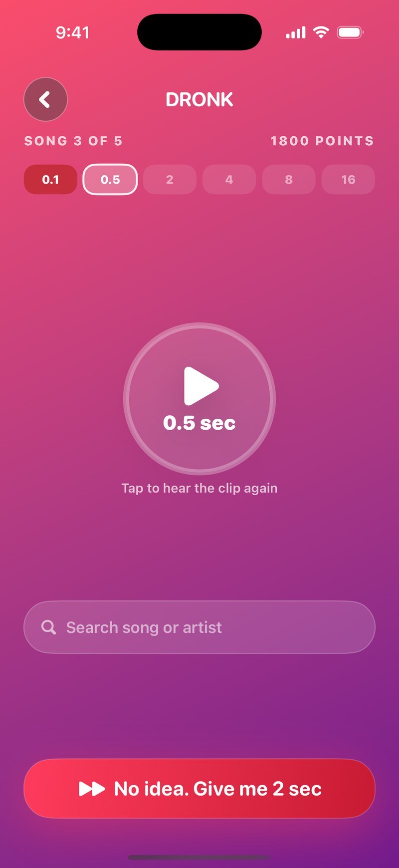 Guessing in One Second: song 3 of 5, a big play button, six step dots with the first marked wrong and the second active at 0.5 seconds, and a search field for title or artist