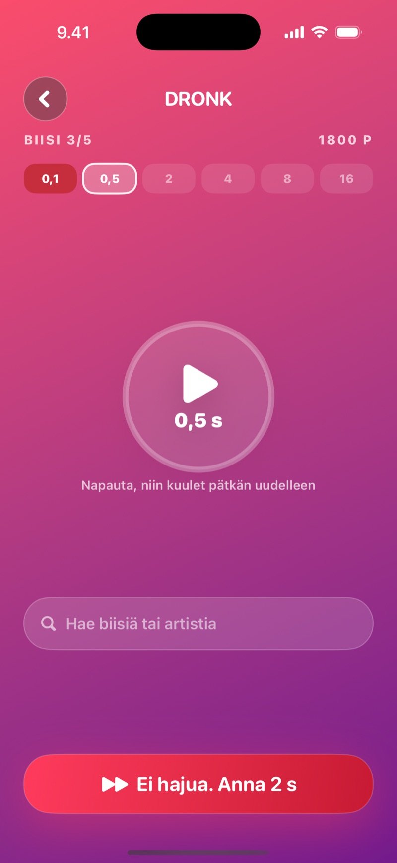 Arvaaminen Sekunti-pelissä: biisi 3/5, iso toistopainike, kuusi vaihepistettä, joista ensimmäinen on merkitty vääräksi ja toinen on aktiivisena 0,5 sekunnissa, sekä hakukenttä biisin nimelle tai artistille