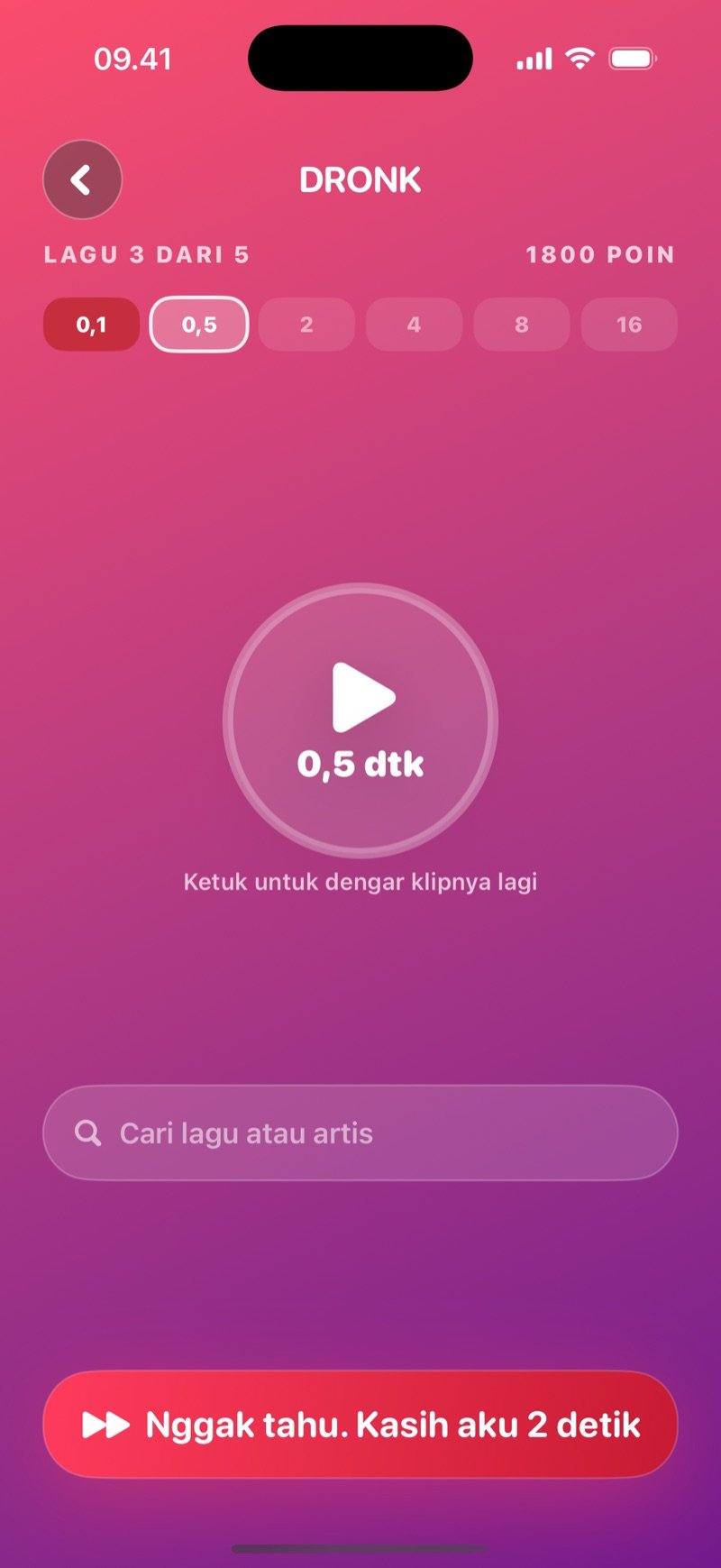 Menebak di Satu Detik: nomor lagu, tombol putar besar, enam titik tahap, dan kolom pencarian judul atau artis