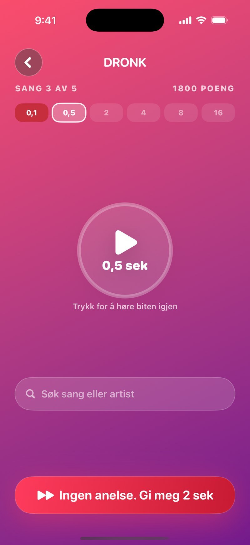 Gjetting i Sekundet: Sang 3 av 5, en stor play-knapp, seks trinn der 0,1 er markert som bom og 0,5 er aktivt, og et søkefelt for sang eller artist