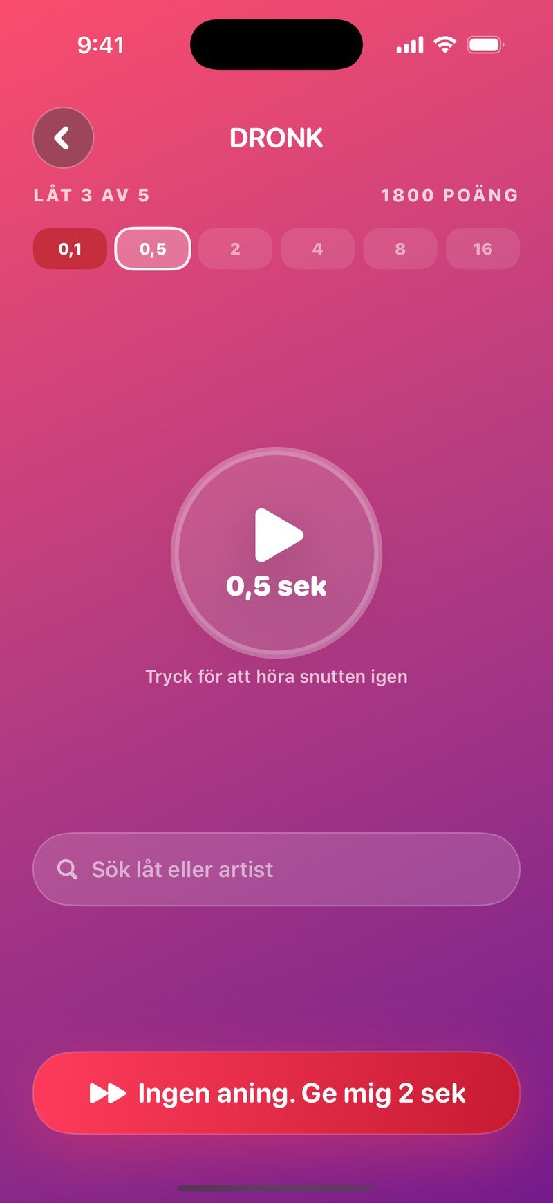 Att gissa i Sekunden: låt 3 av 5, en stor spelknapp, sex stegprickar där den första är kryssad och den andra är aktiv på 0,5 sekund, och ett sökfält för titel eller artist