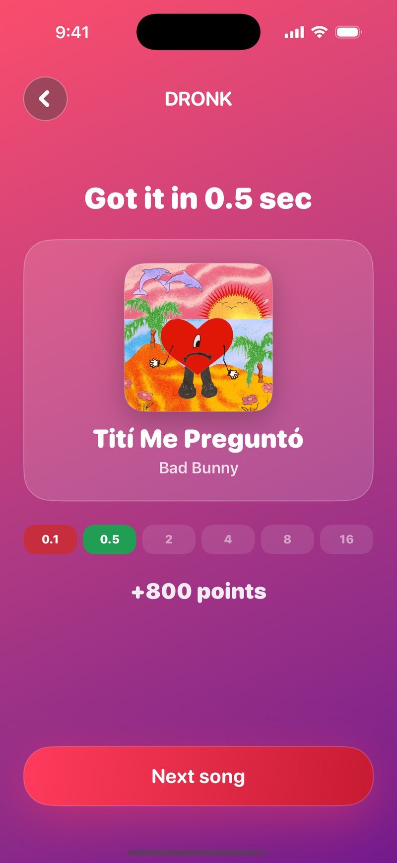The reveal in One Second: the album cover, the song title and artist, hit on 0.5 seconds for 800 points, and a Next song button
