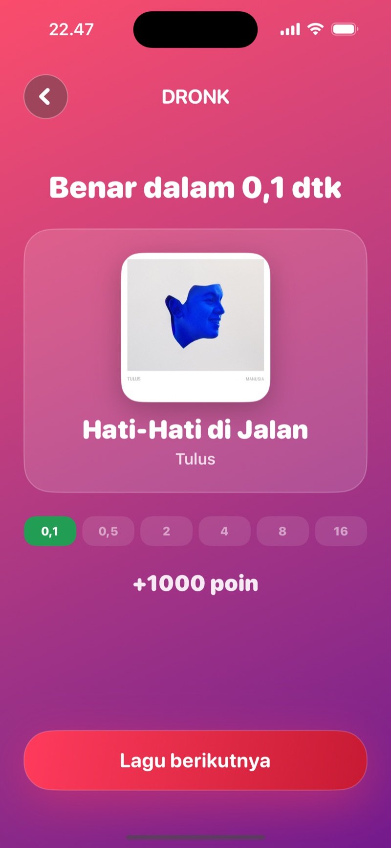 Pengungkapan di Satu Detik: sampul album, judul lagu dan artis, detik saat lagu ditebak beserta poinnya, dan tombol Lagu berikutnya