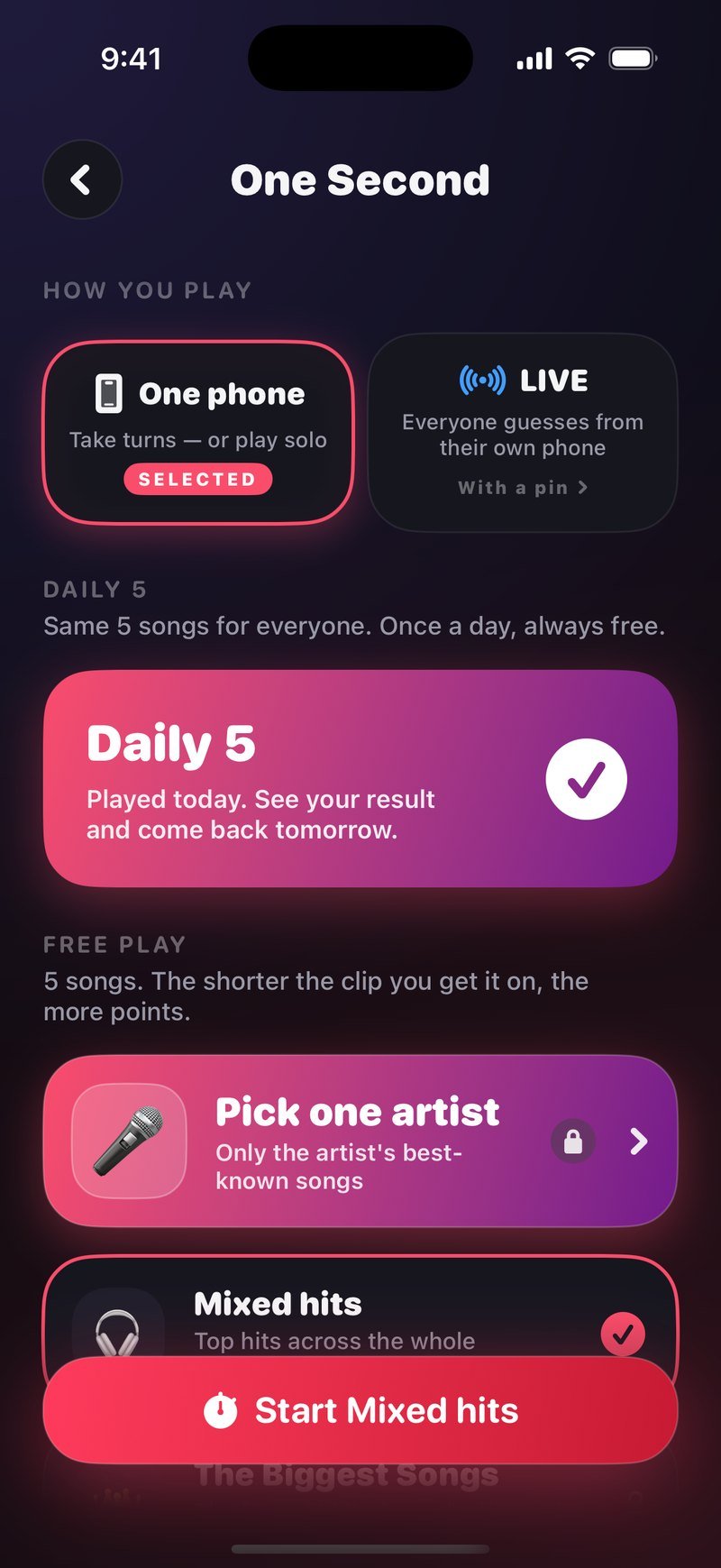 The One Second setup screen in Dronk: the Daily 5 card at the top, Free play with 5 songs, a Search artist field and packs like Mixed hits and The Biggest Songs