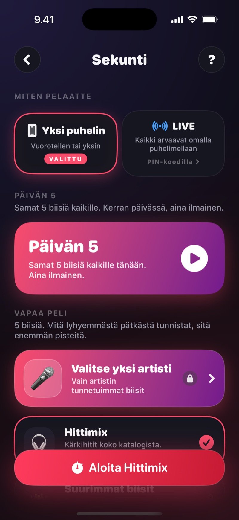 Sekunti-pelin aloitusnäkymä Dronkissa: Päivän 5 -kortti ylhäällä, Vapaa peli viidellä biisillä, artistihaku ja musiikkipakat