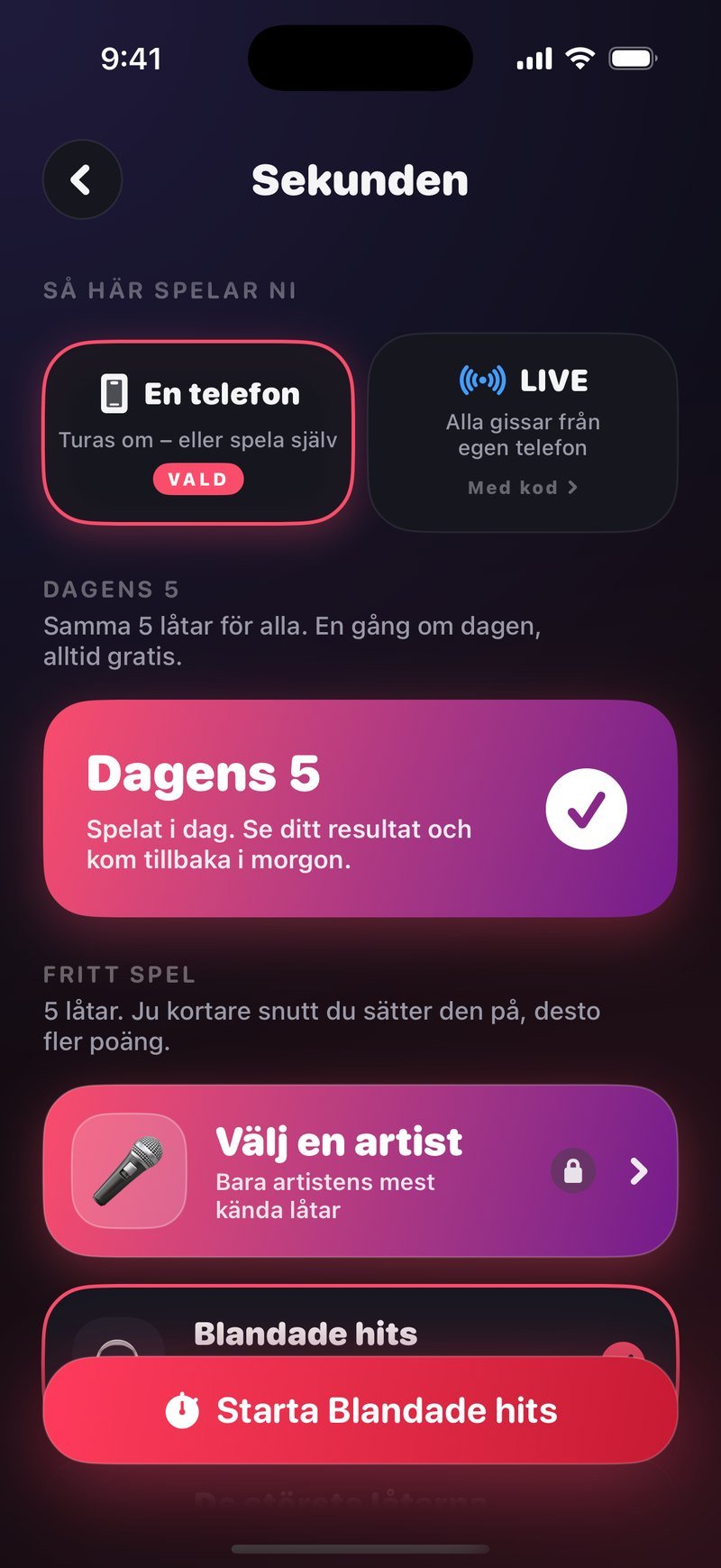 Sekundens startskärm i Dronk: Dagens 5-kortet högst upp, Fritt spel med 5 låtar, Välj en artist och paket som Blandade hits och De största låtarna