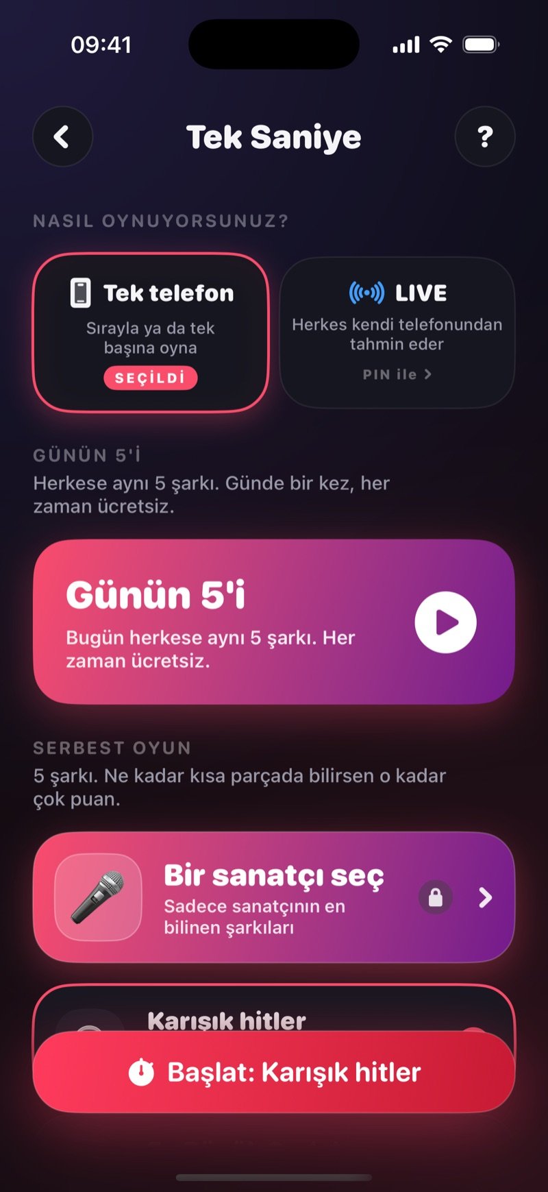 Dronk'ta Tek Saniye kurulum ekranı: en üstte Günün 5'i kartı, 5 şarkılık serbest oyun, sanatçı arama alanı ve müzik paketleri