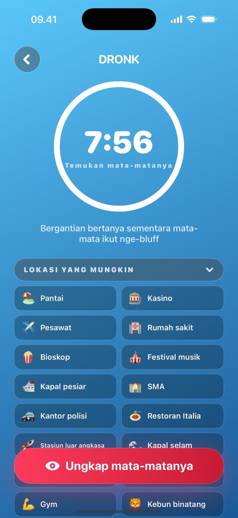 Ronde tanya-jawab di Mata-Mata: lingkaran timer berjalan, ajakan bergantian bertanya sementara mata-mata ikut nge-bluff, grid Lokasi yang mungkin, dan tombol Ungkap mata-matanya