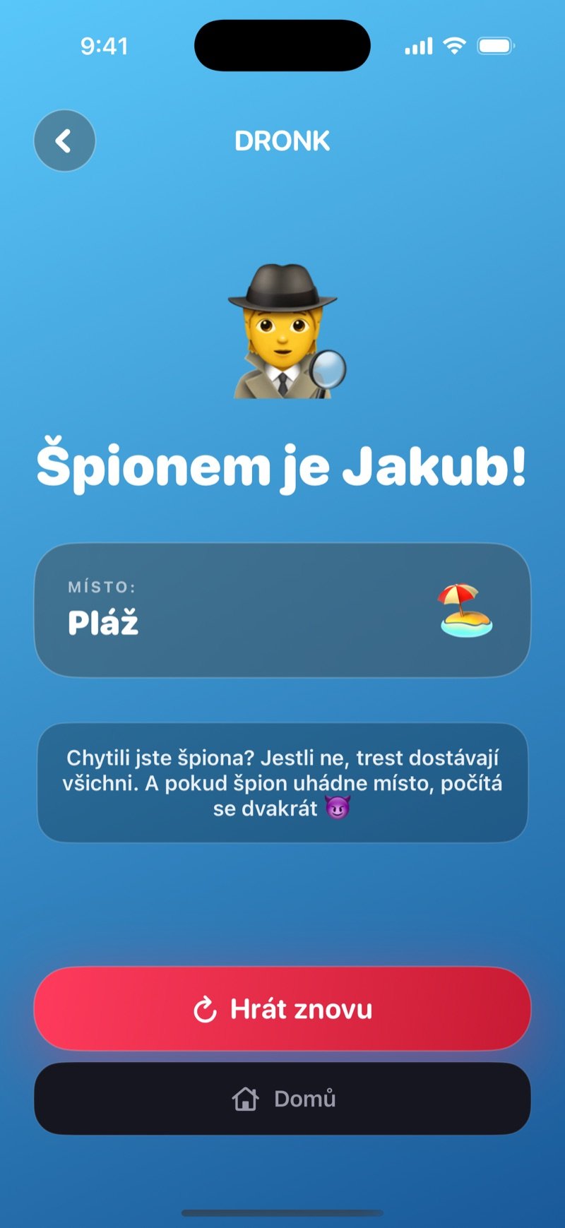 Výsledek ve hře Špion: kdo byl špion a jaké bylo místo, poznámka o trestu a tlačítka Hrát znovu a Domů