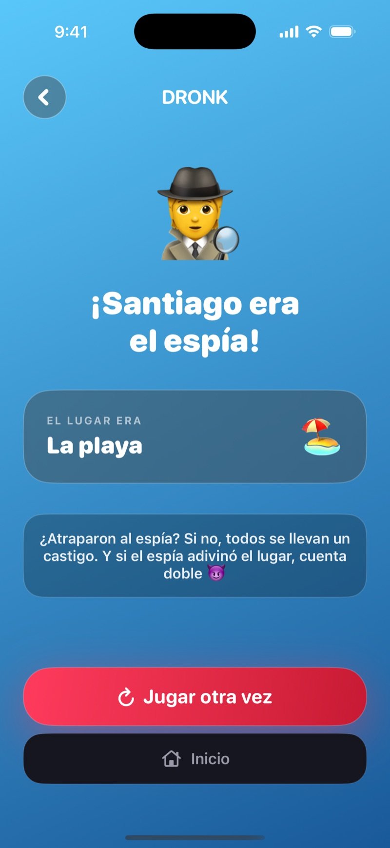 Pantalla de resultado en El Espía: quién era el espía y cuál era el lugar, la regla del castigo y los botones Jugar otra vez e Inicio