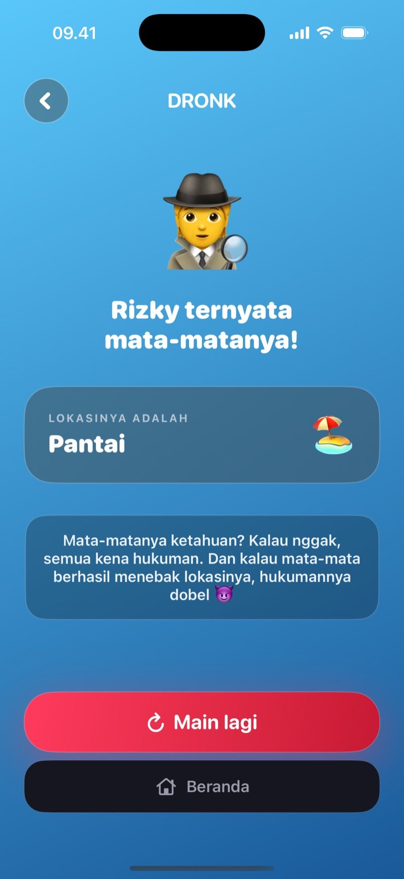Layar hasil di Mata-Mata: siapa mata-matanya dan apa lokasinya, catatan soal hukuman yang jadi dobel kalau mata-mata menebak lokasinya, dengan tombol Main lagi dan Beranda