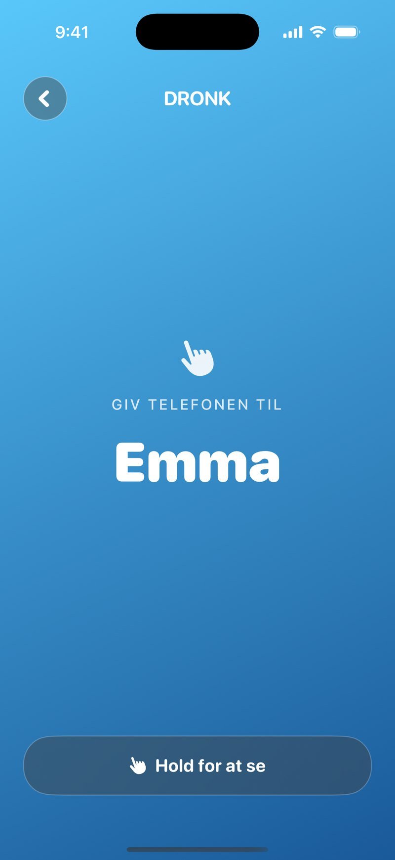 Skærmen Giv telefonen til Emma på Spionens blå baggrund med knappen Hold for at se